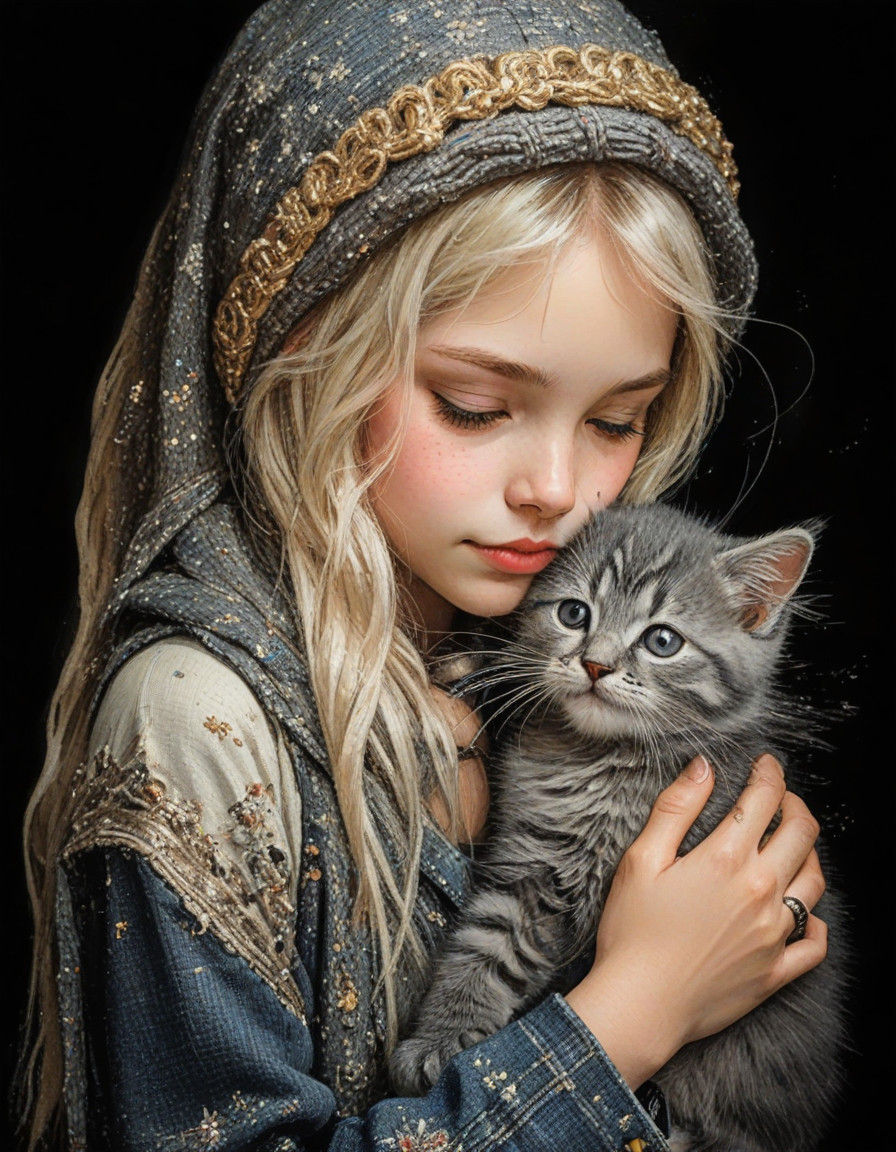 A Tender Moment: Girl Enfolds Kitten in Her Arms