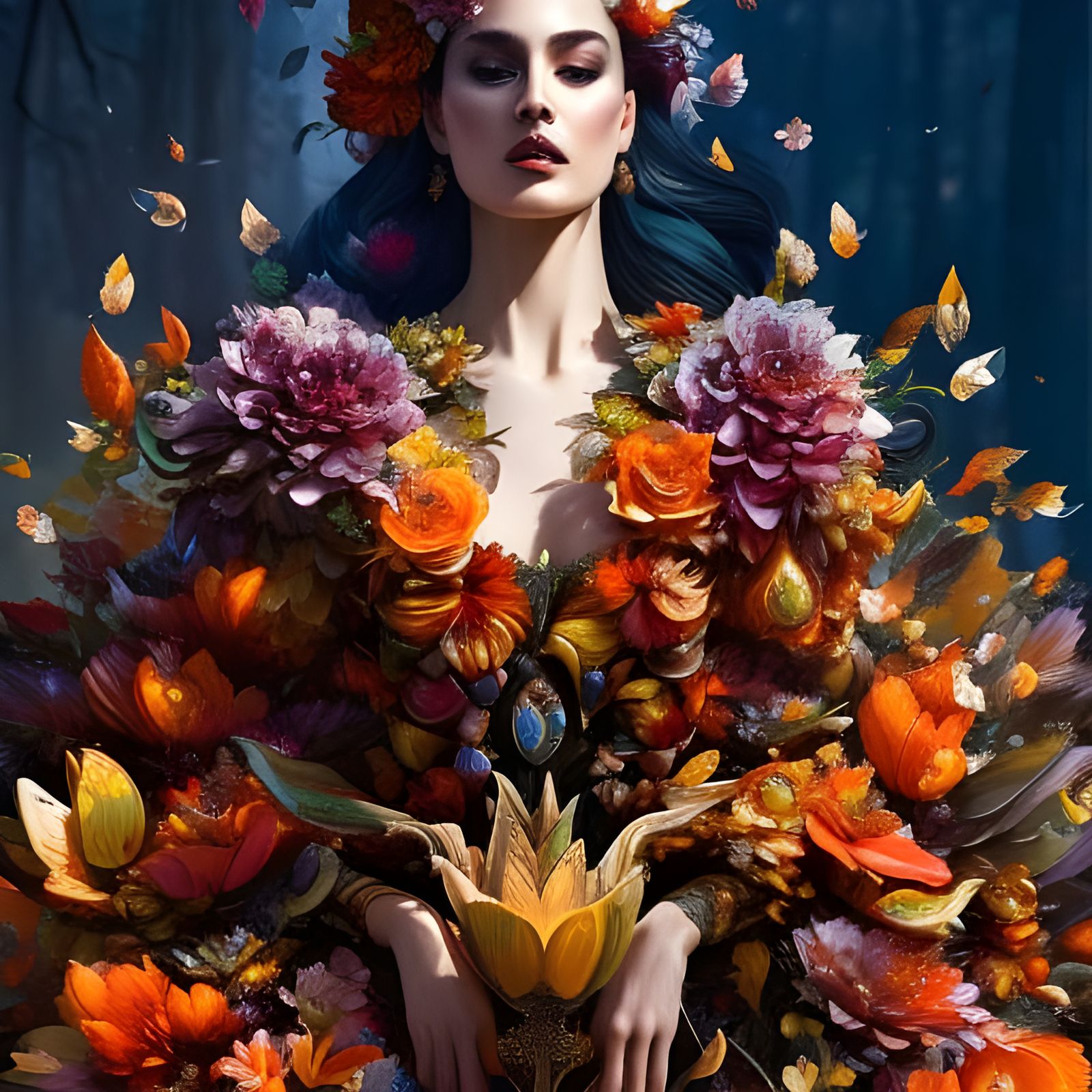 Undead Elf Queen Portrait with Tulips, Autumn to Winter