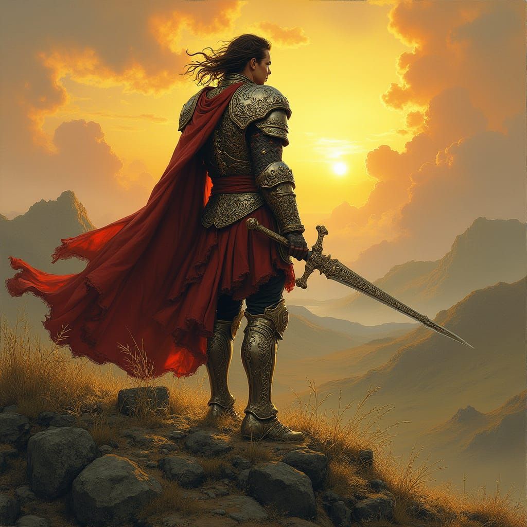 Epic Warrior Stands Tall Amidst Golden Sunset in Mythic Land...