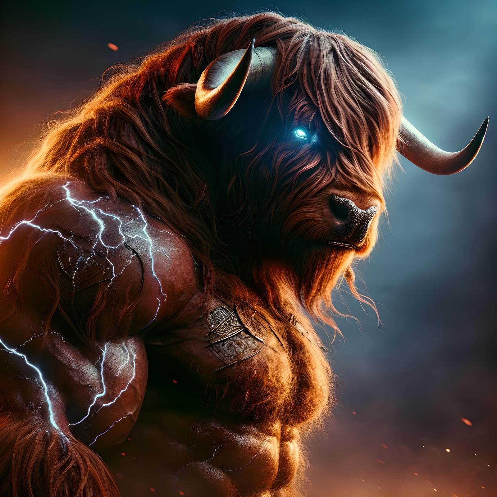 Highland Cow Minotaur with Electric Horns in Dark Fantasy