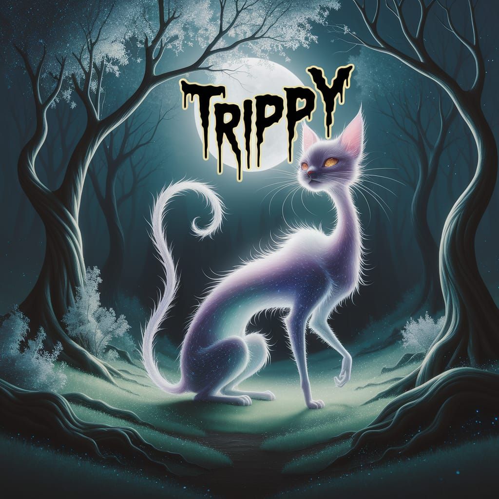 In a dreamy, moonlit forest, towering trees with slender, twisted branches and silvery, iridescent leaves shimmer like s...