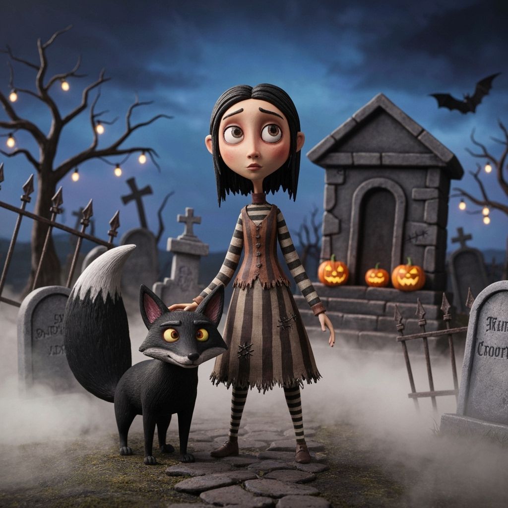 Claymation Asian Girl with Fox in Moonlit Cemetery