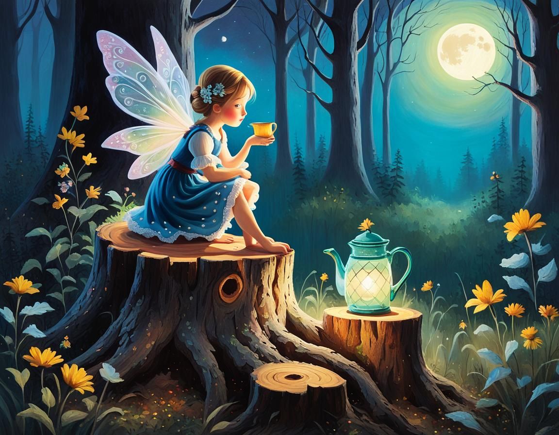 Whimsical Fairy in Moonlit Forest, Folk Art