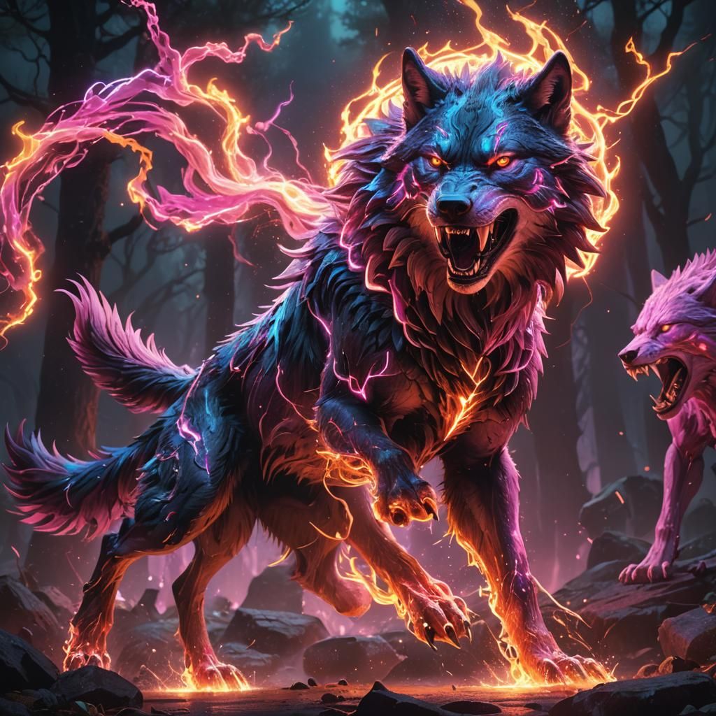 Neon Spirit Wolf Fight: Detailed Matte Painting