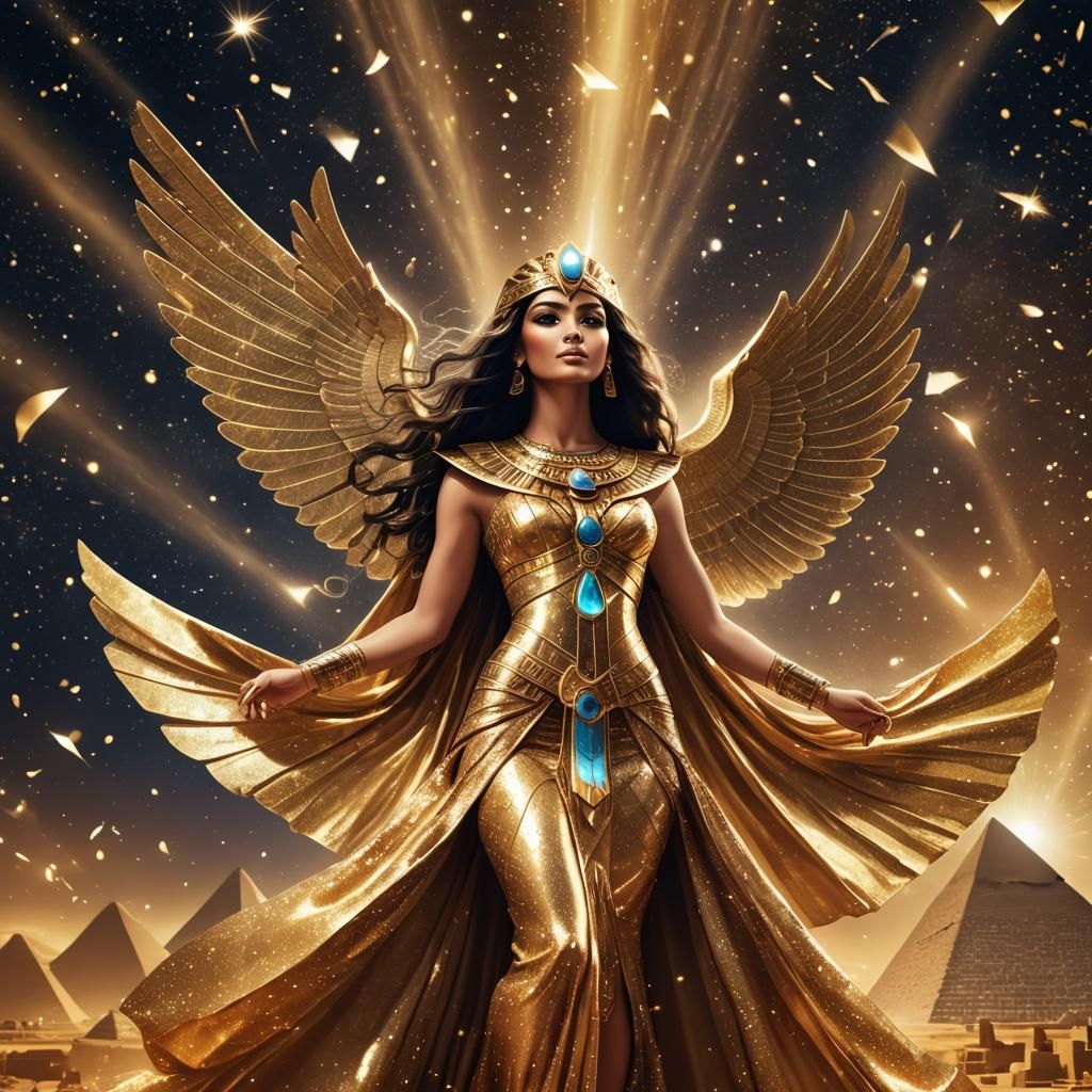 Egyptian Winged Goddess Flying Around Golden Pyramid