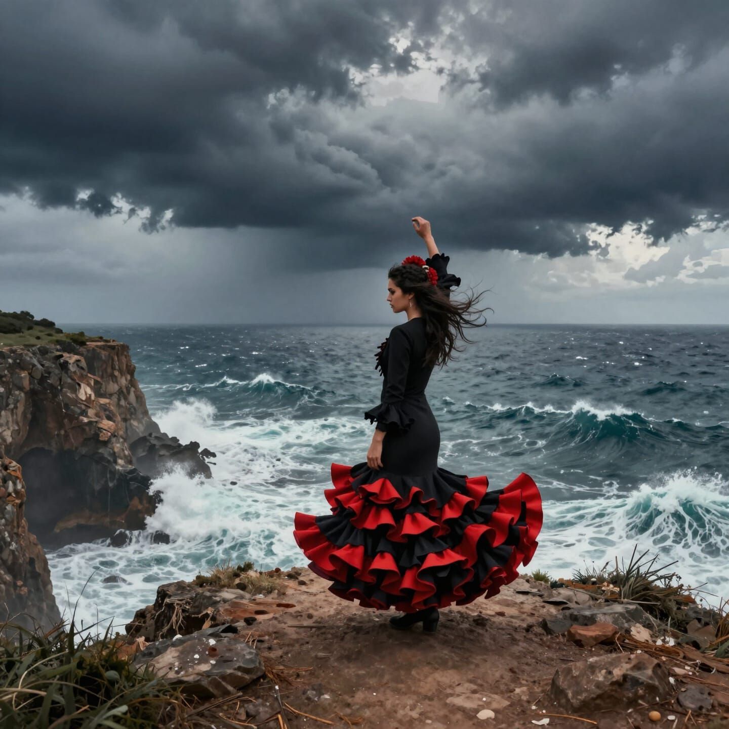 Figure in Flamenco Attire on Windswept Cliff