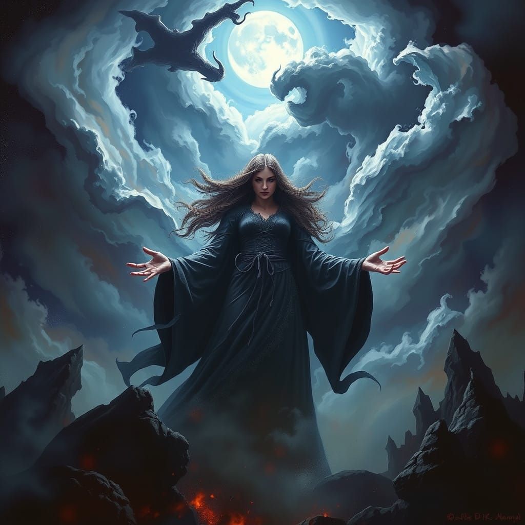 Mystical Sorceress Unleashes Stormy Vortex in Dreamlike Land...