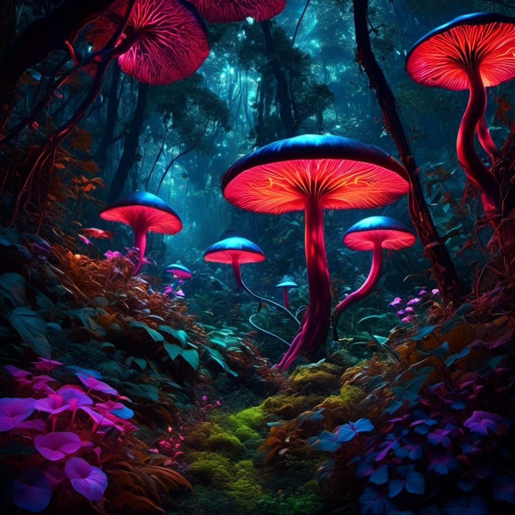 Neon-Lit Rainforest Canopy at Night: Aerial View