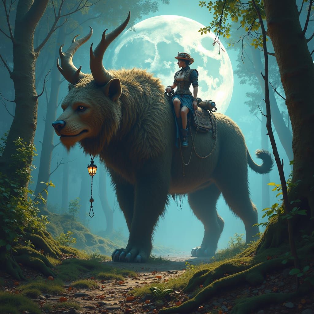 Steampunk Persian Fisherwoman and Bear in Forest