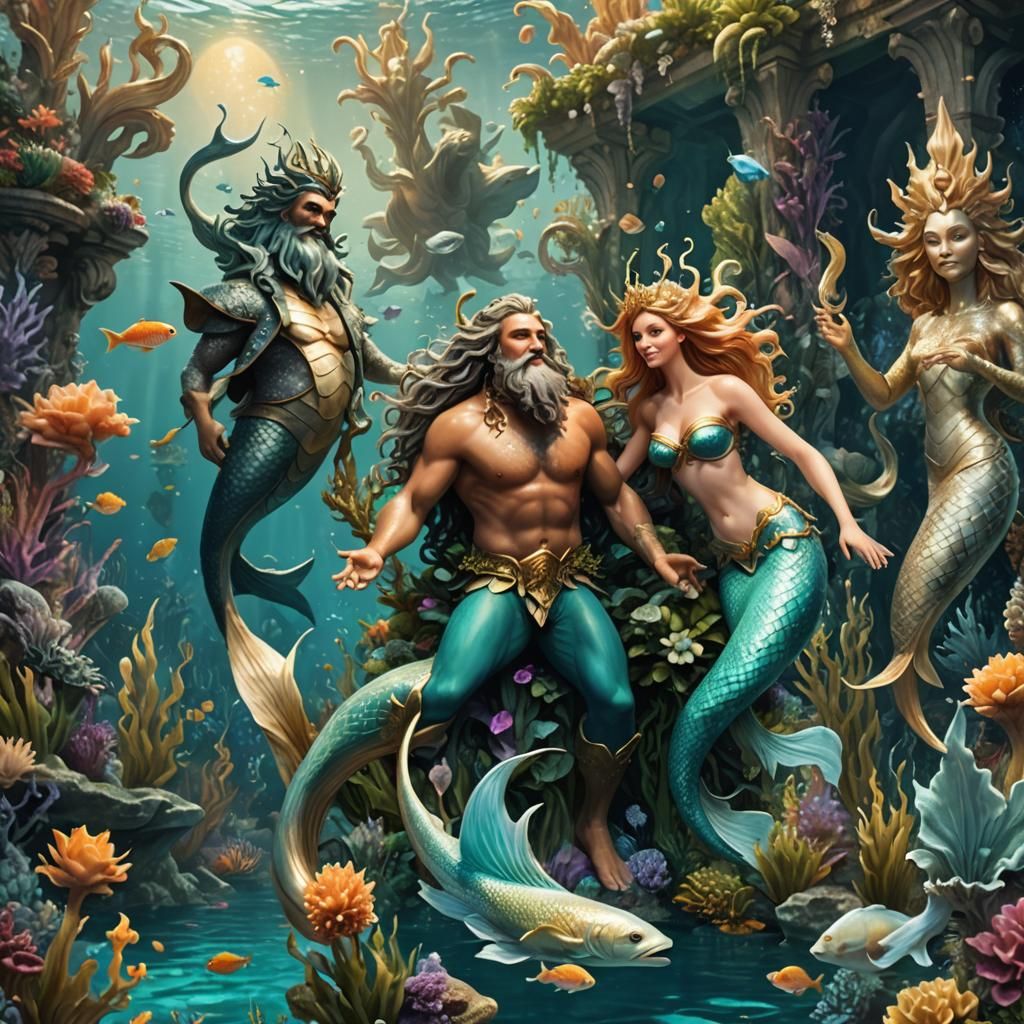 Depict the underwater world of mermaids, at the bottom of th...