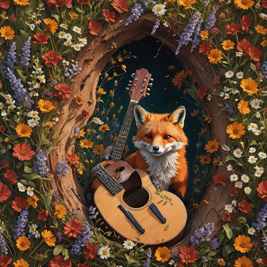 Fox Emerging from Guitar in Dreamlike Oil Painting