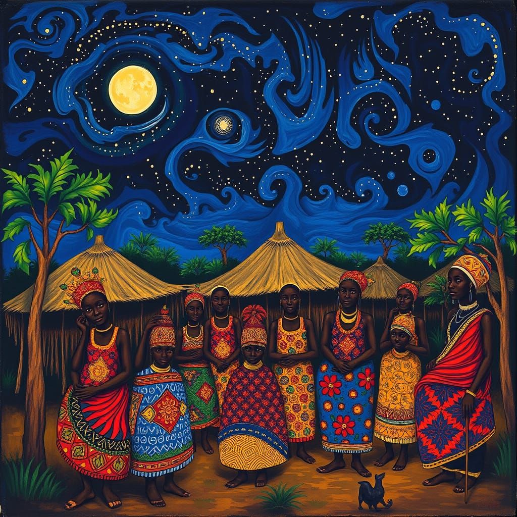 Vibrant African Village Gouache Painting