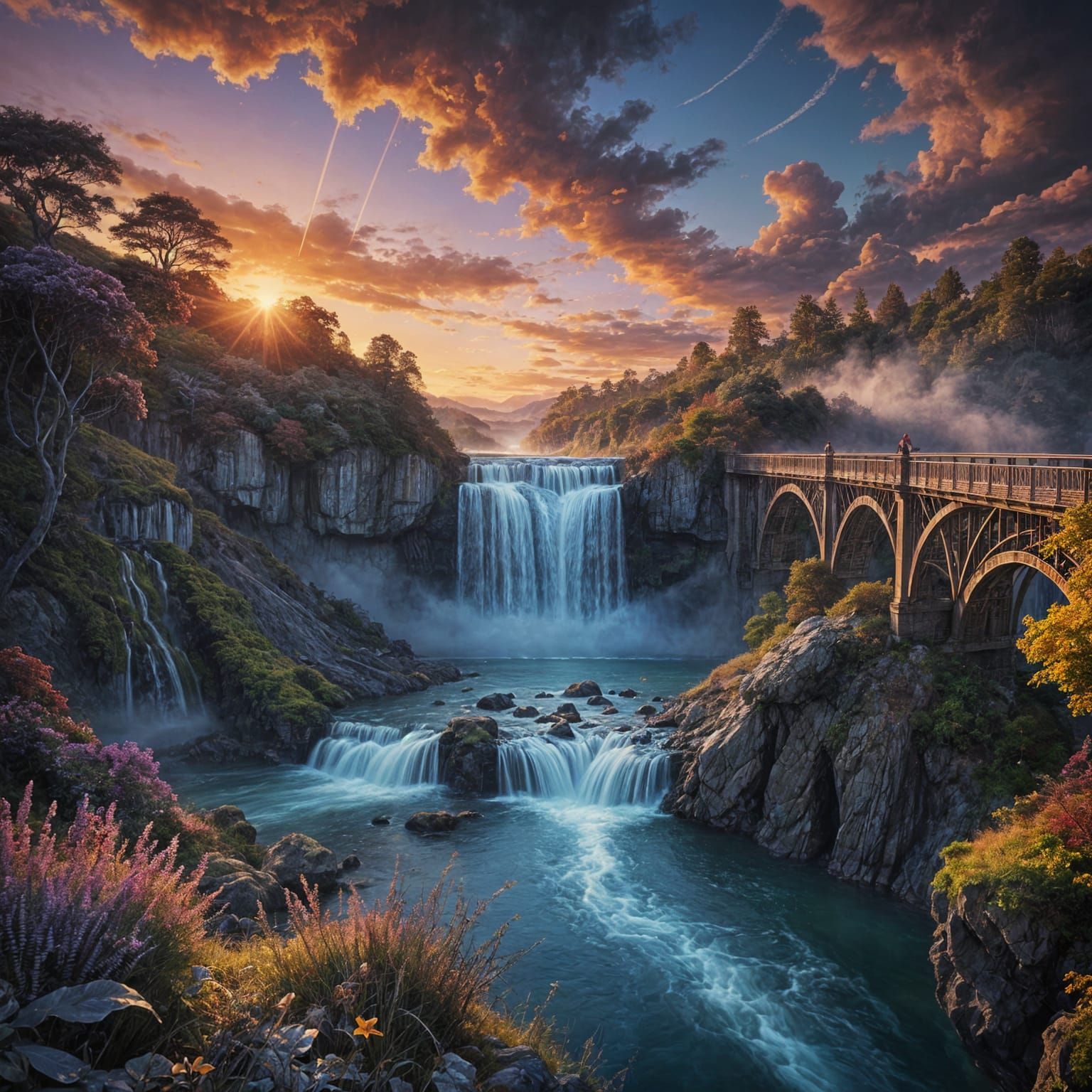 Ethereal Waterfall Illuminated by Magical Flames Across the ...