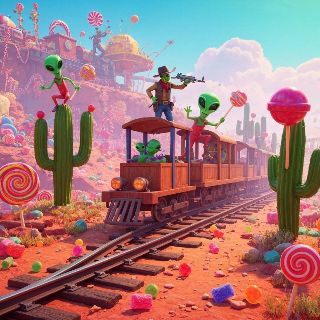 Candy-Themed Alien Train Robbery in Wild West Style