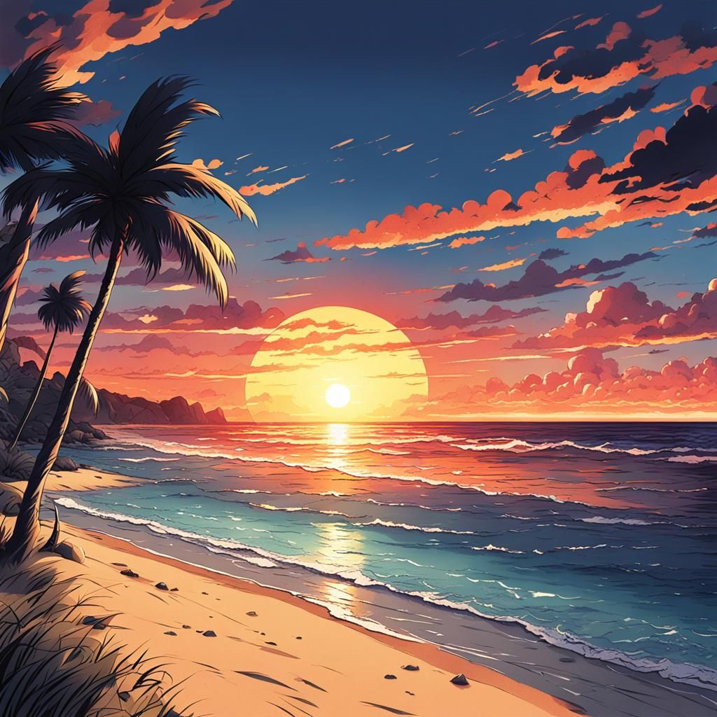 Sunset Over Beach in Anime Style