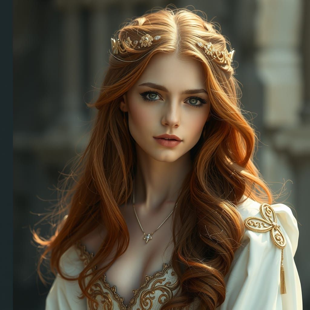 Auburn-Haired Woman in Shimmering Gown: Matte Painting