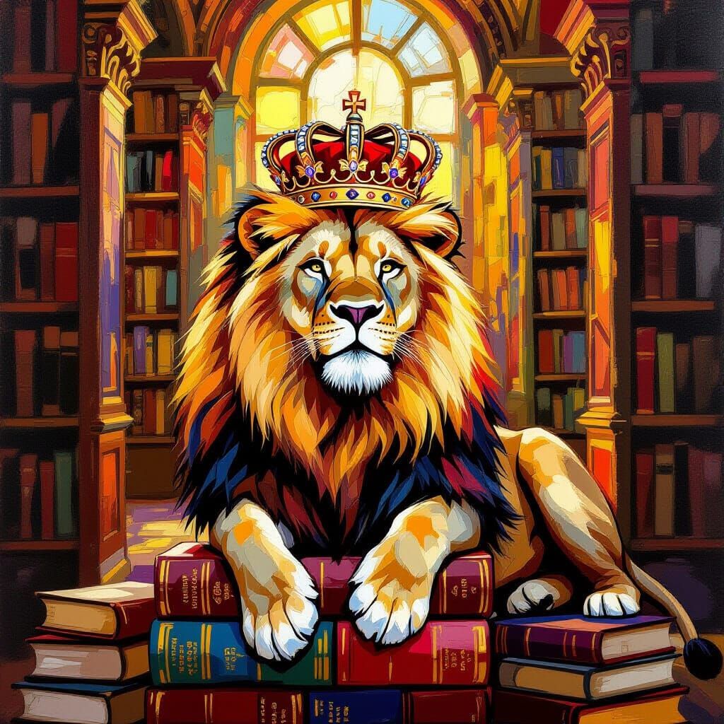 Lion King of the Library in Neo-Impressionist Style