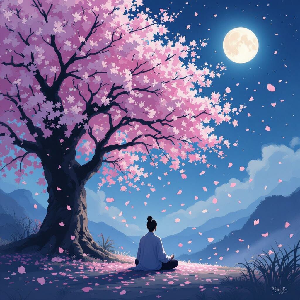 Tranquil Figure Under Luminous Cherry Blossoms