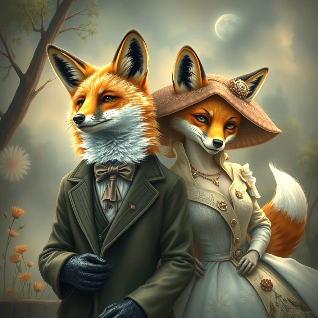 Ethereal Fox Couple in Hyperdetailed Fantasy Scene
