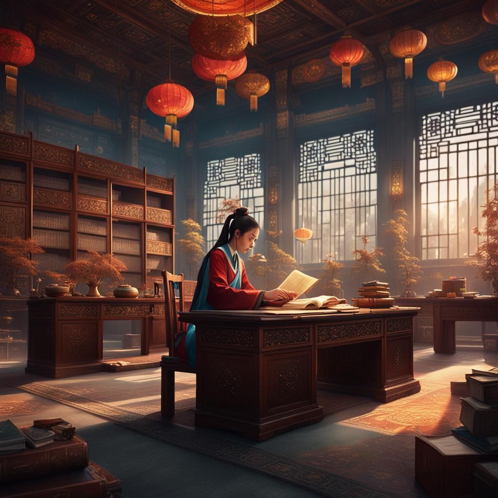 Chinese Students Learning in Office: Detailed Matte Painting