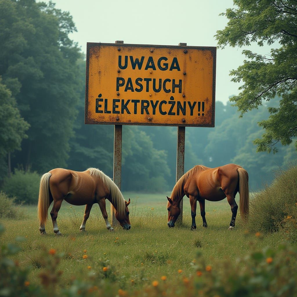 Horses in Meadow with Warning Sign, Dystopian Style