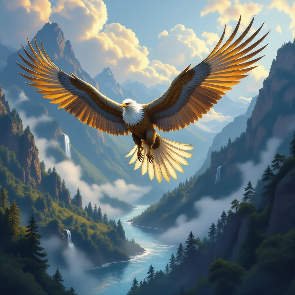 Golden Griffin Soaring Over Misty Valley