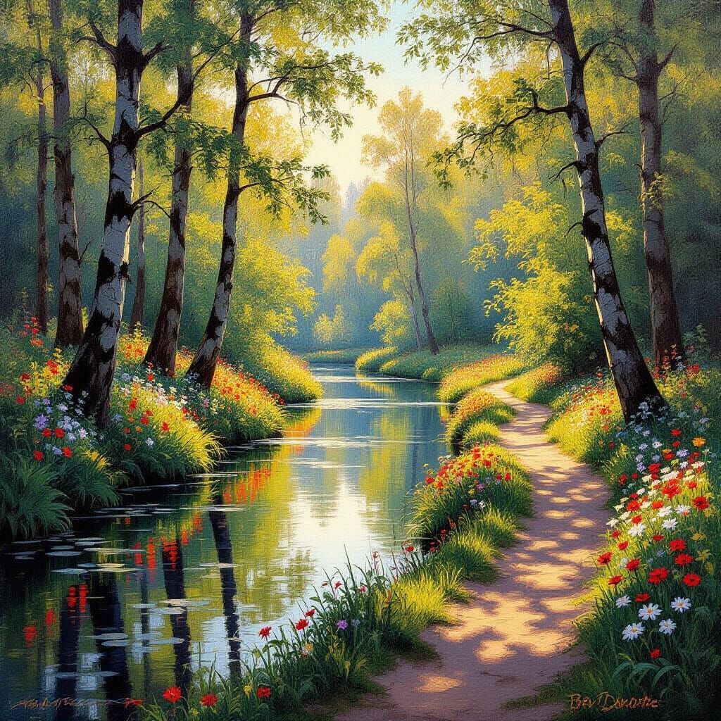 Sunlit Forest Path in Impressionist Style