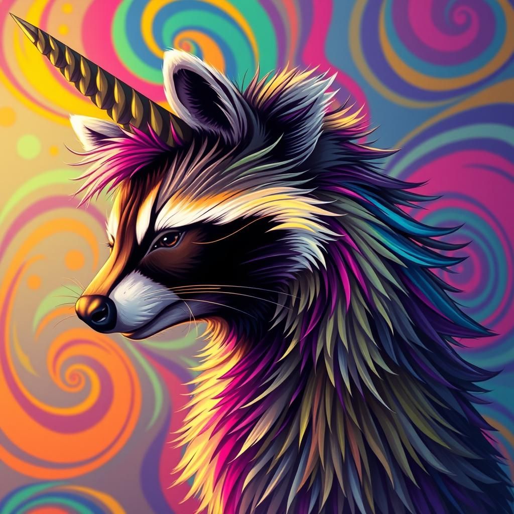 Vibrant Raccoon-Unicorn Hybrid in Dynamic Composition