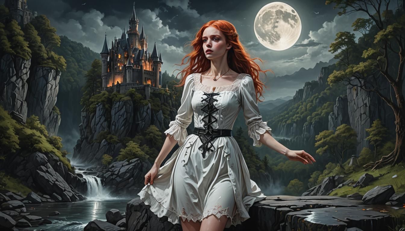 Gothic Castle, Redhead Girl, and Full Moon Night