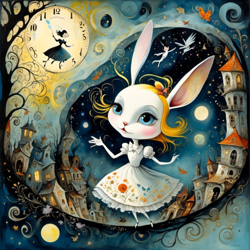 Eerie Dystopian Alice Falling, Storybook Illustration