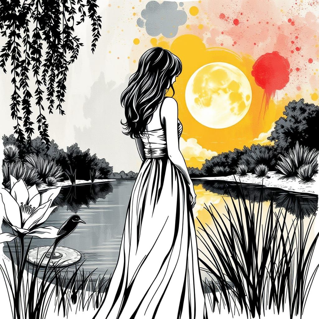 Serene Woman in Black and White Line Art