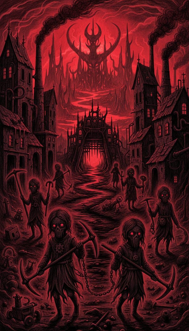 Gothic Shadow Factory and Hellish Mine with Dark Creatures