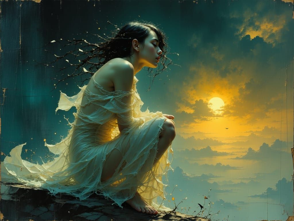 Ethereal Woman in Chiffon Reaching for Bokeh Sky