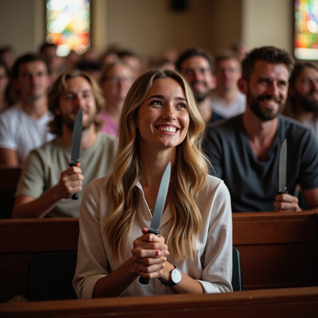 Unsettling Church Scene: Smiling People Holding Knives