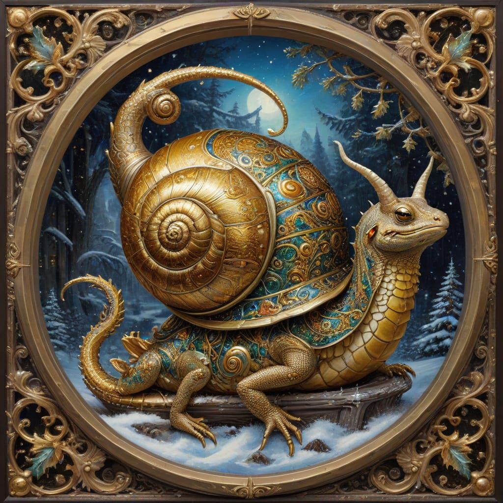 Golden Snail Sleigh in Enchanted Winter Wonderland