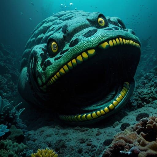 Surreal Cinematic Closeup of a Gargantuan Moray Eel Sea Mons...
