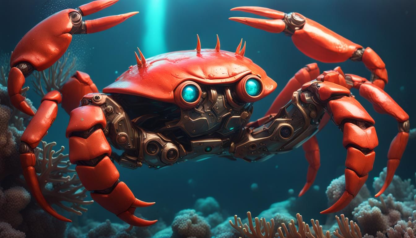 Giant Robotic Fire Crab in Coral Reef
