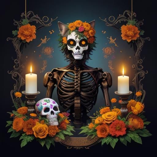 Day of the Dead Cat in Fantasy Art Style