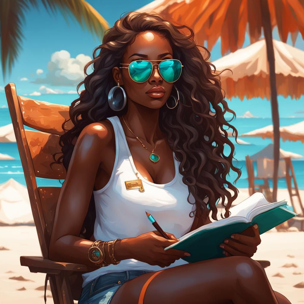 Caribbean Girl Journaling on the Beach in Splash Art Style