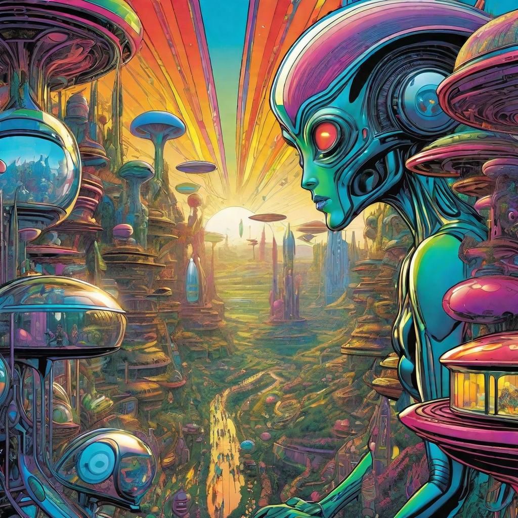 Utopian Alien Society in Comic Book Style