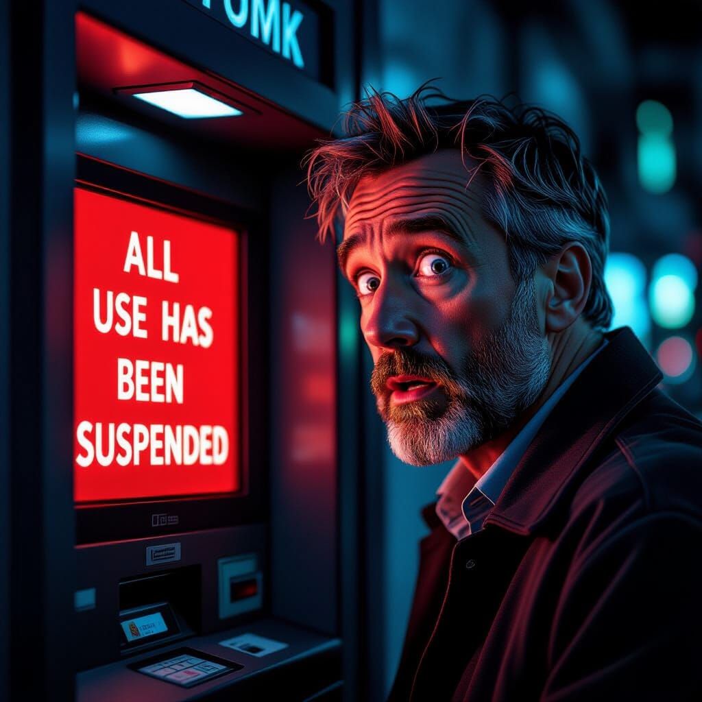 Man Shocked by Suspended ATM Use in Hyperrealistic Painting