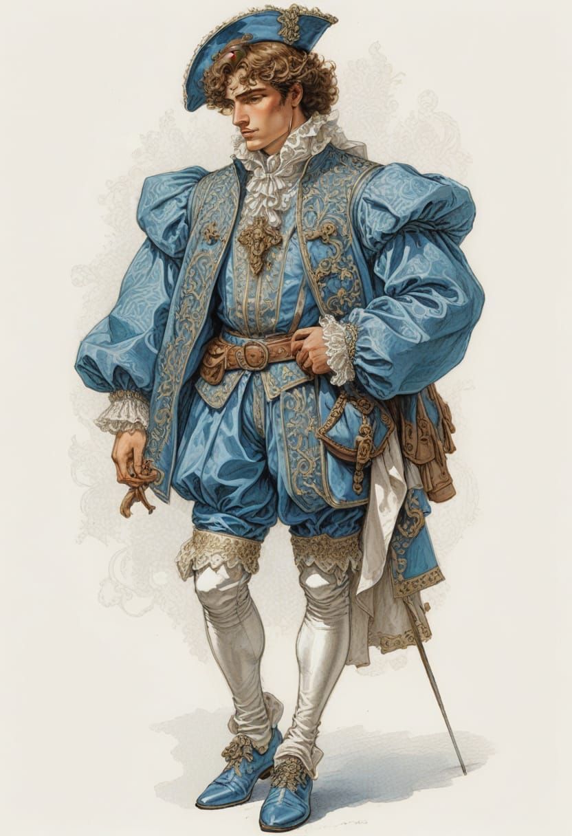 Renaissance Lord in Azure Attire, Full Color Illustration