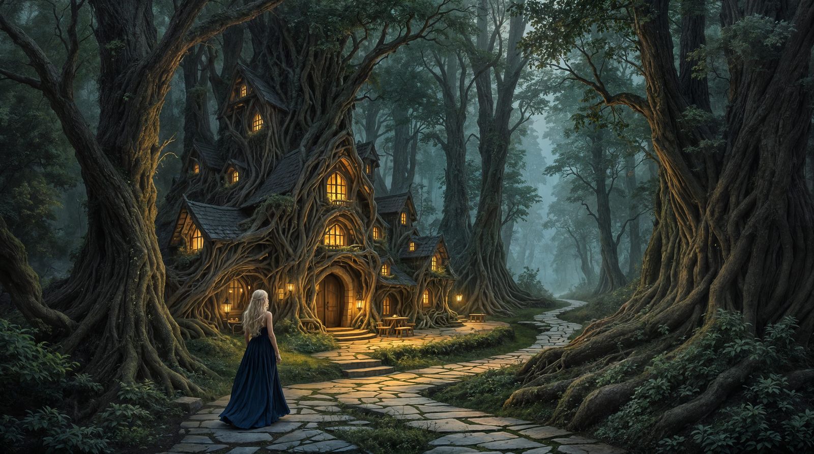 Whimsical Forest Village at Twilight