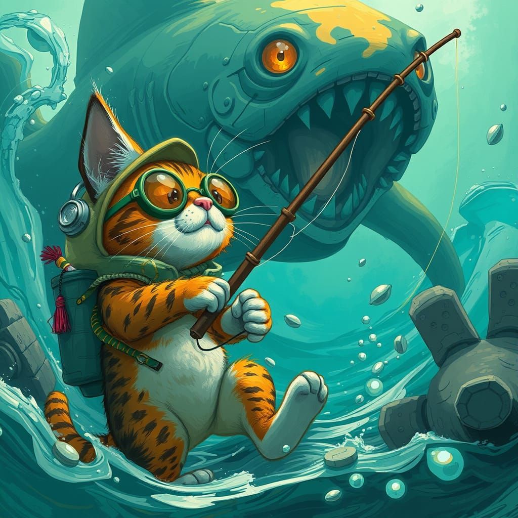 Cat Angler Reeling in a Monster, Whimsical Style