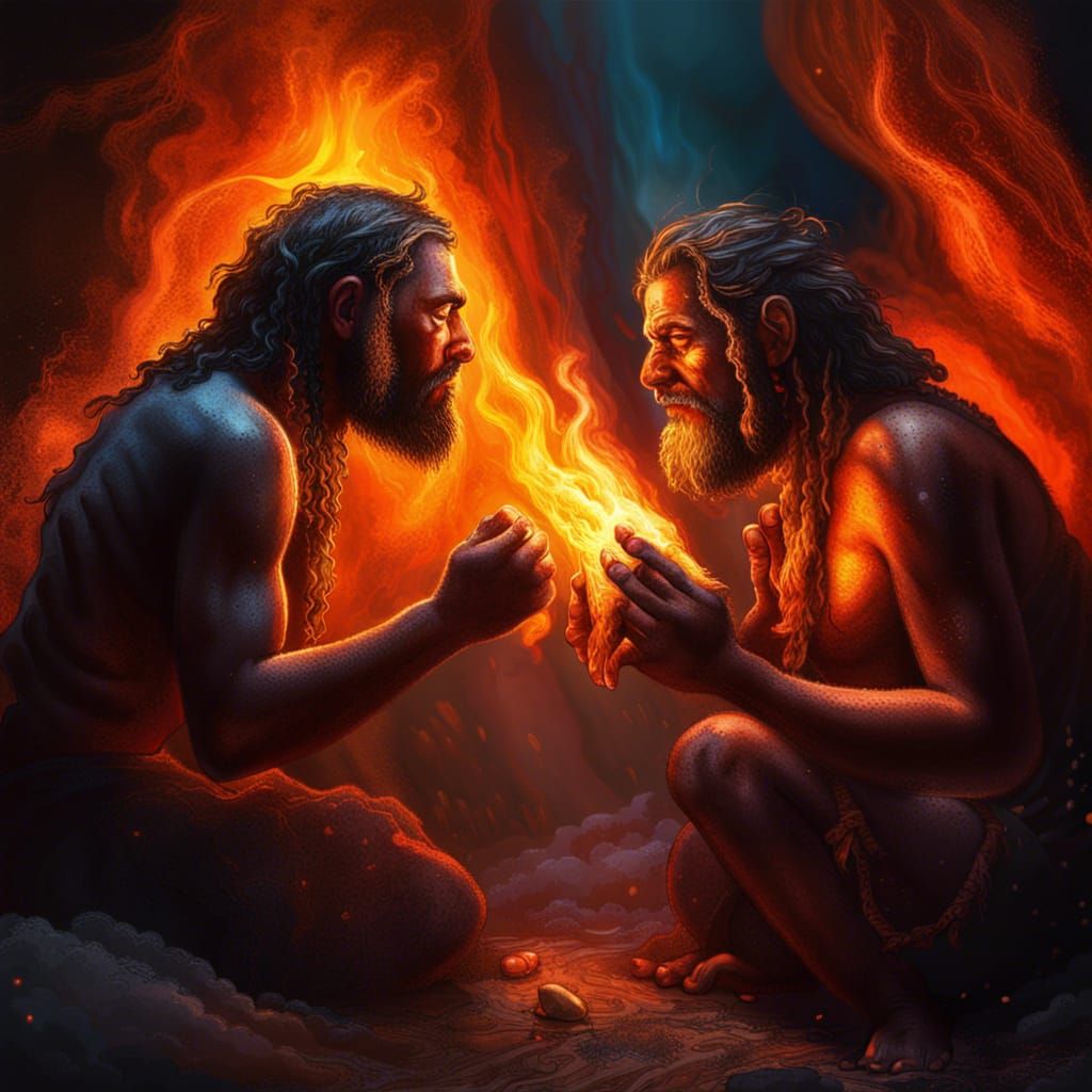 Cavemen Discover Fire: Hyperrealistic Splash Art