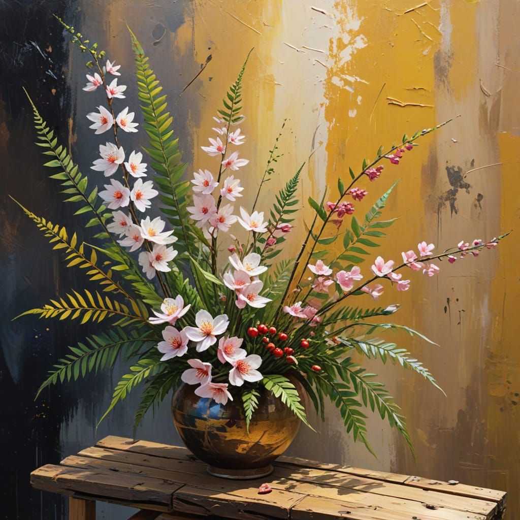 Ikebana Arrangement as Impressionist Gouache Painting