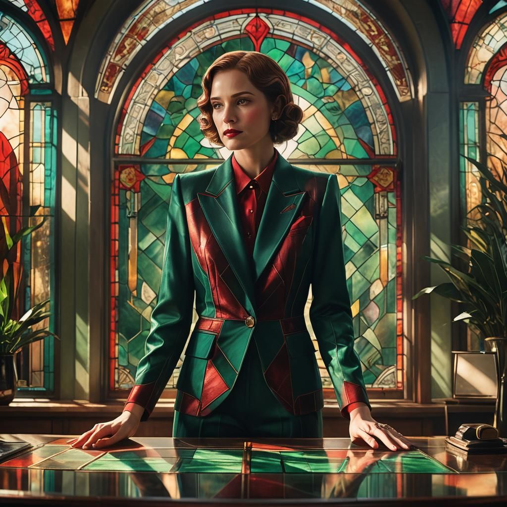 Art Deco Office with Woman and Stained Glass
