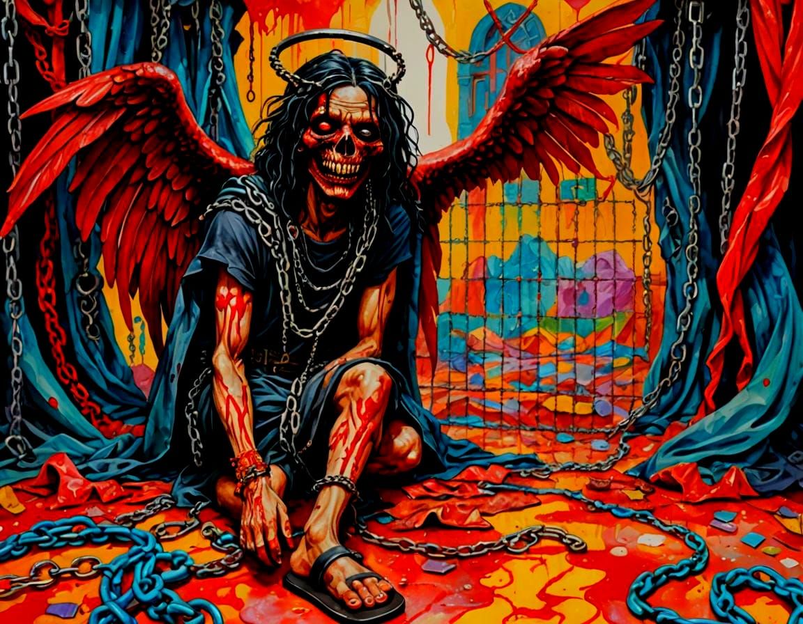 Fallen Angel in Chains, Gouache Candyland Swirls