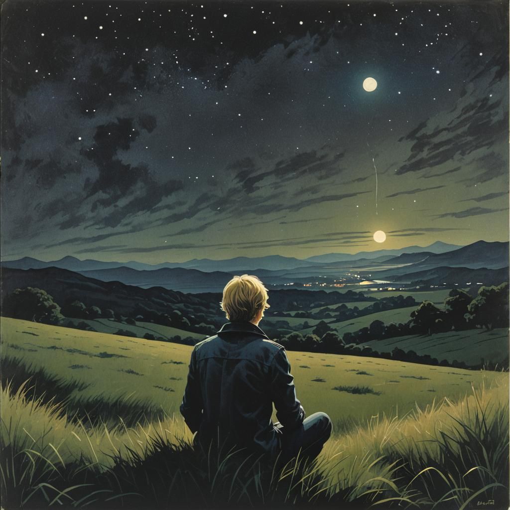1970s Fantasy Book Cover: Man Gazing at Night Sky