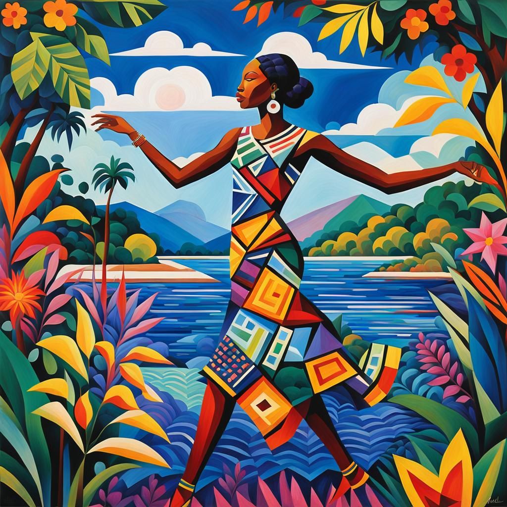 African Dancer in Geometric Cubist Art Deco Style